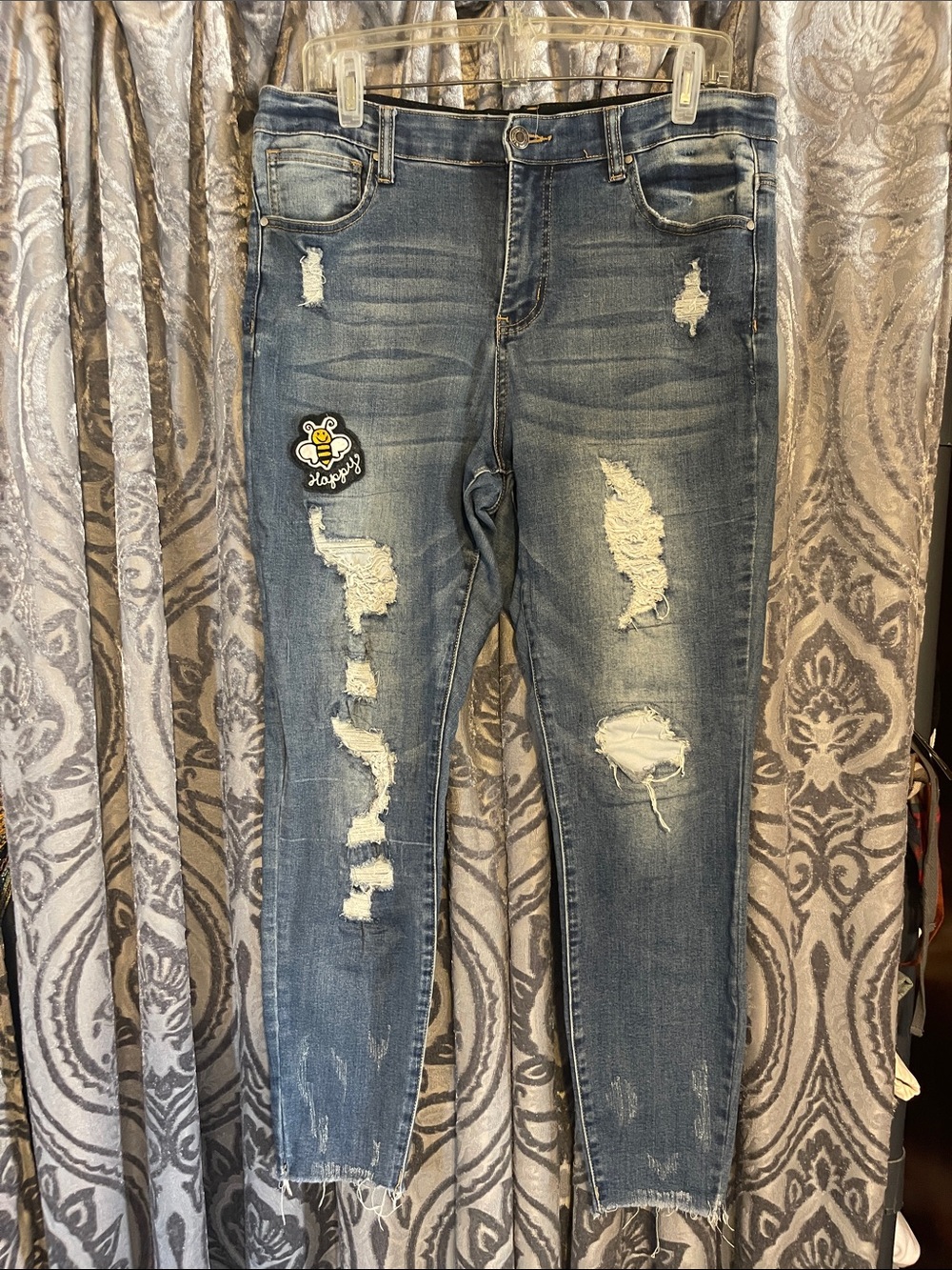 Customized Grace & Lace Distressed Blue Waist Shaper Jeans w/patches